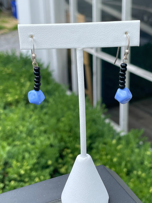 925 Sterling Silver Black Obsidian & Blue Opalite Drop Earrings