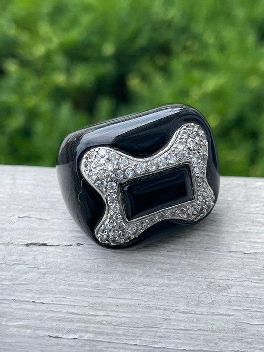 925 Sterling Silver Large Full Black Onyx Ring