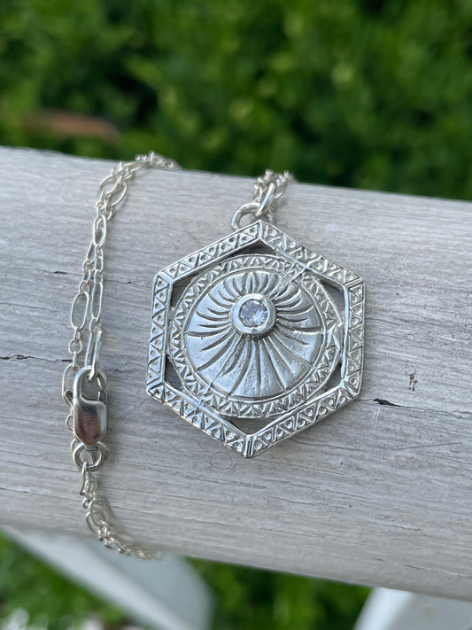 925 Sterling Silver "Sun Burst" Arabian Etching Hexagon Necklace