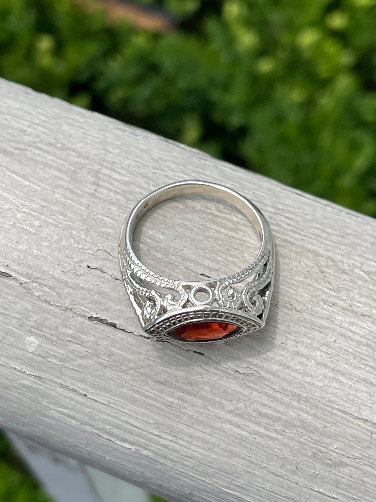 925 Sterling Silver Marquis Garnet Filigree Ring