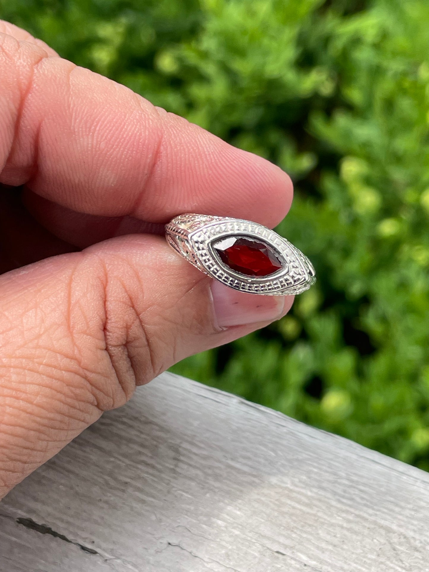 925 Sterling Silver Marquis Garnet Filigree Ring