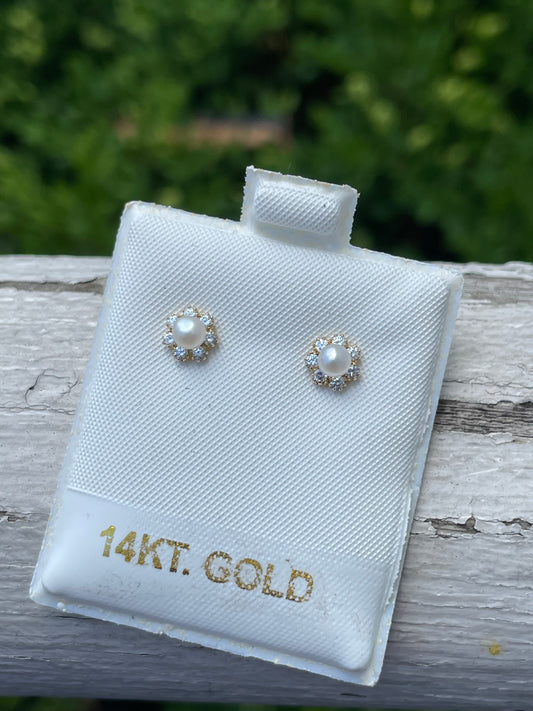 14k Gold Small Pearl & Zirconia Stud Earrings