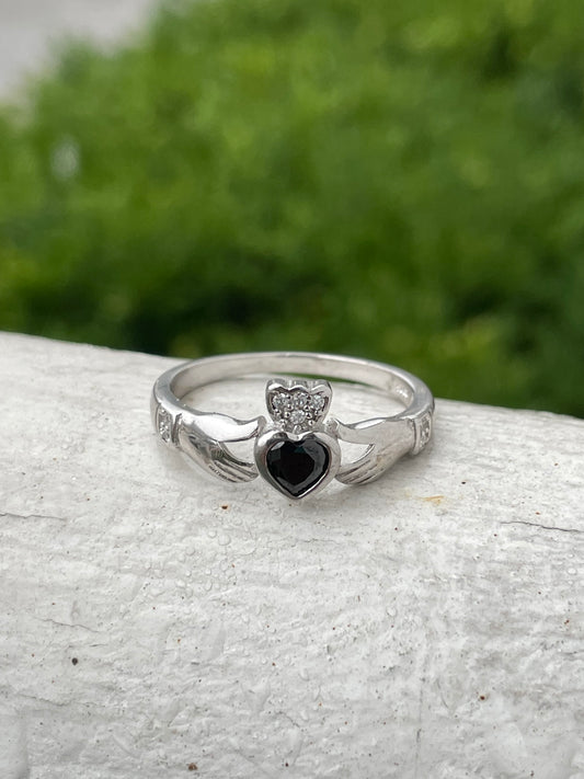 925 Sterling Silver Black Zirconia Irish Claddagh Ring