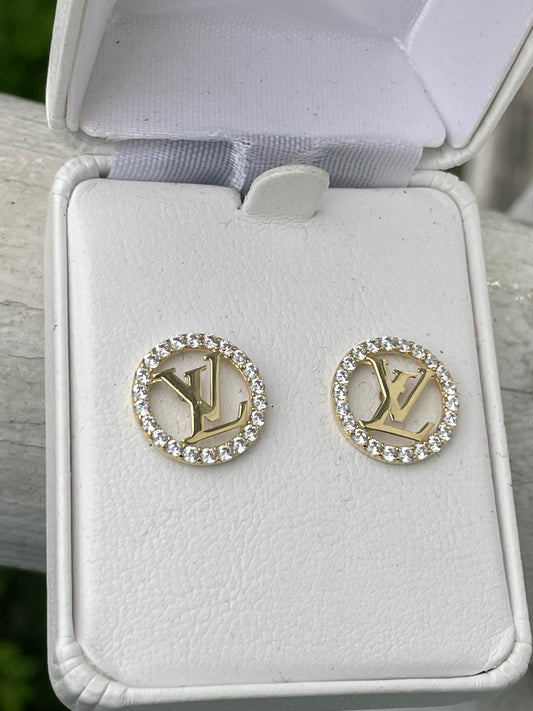 14k Gold LV Earring Studs with Cubic Zirconia Halos