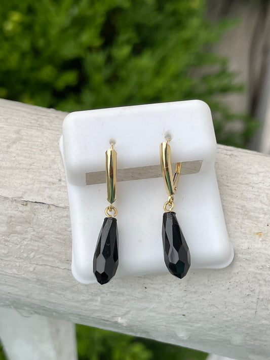 14k Gold Crystal Onyx Teardrop Dangle Earrings