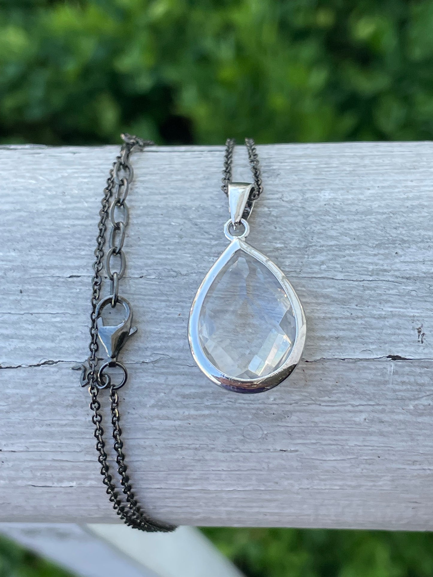 925 Sterling Silver Clear Crystal Teardrop w/ Oxidized Necklace