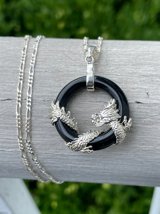 925 Sterling Silver Black Onyx Dragon Necklace