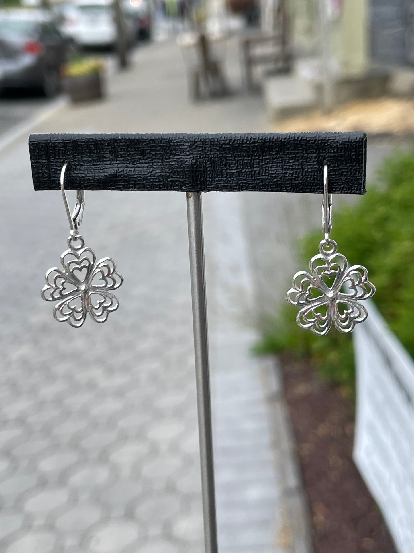 925 Sterling Silver Openwork Heart Clover Dangle Earrings