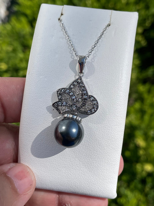 925 Sterling Silver 12mm Black Pearl & Cz Necklace