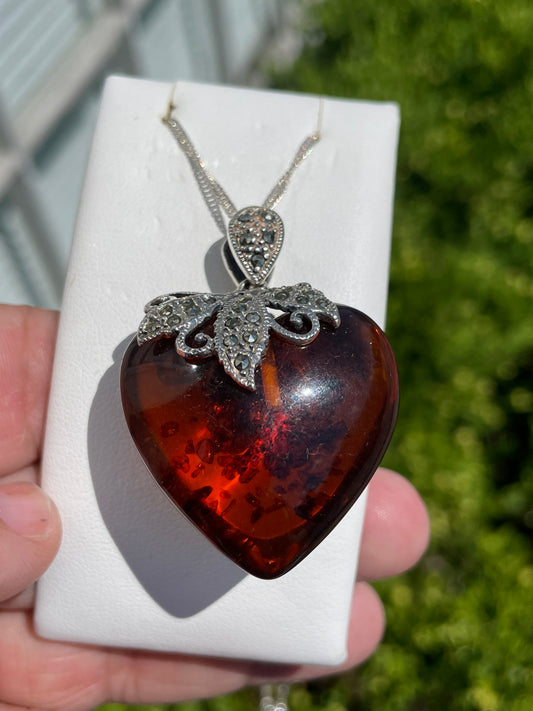 925 Sterling Silver Large 3-D Synthetic Amber Heart & Marcasite Necklace