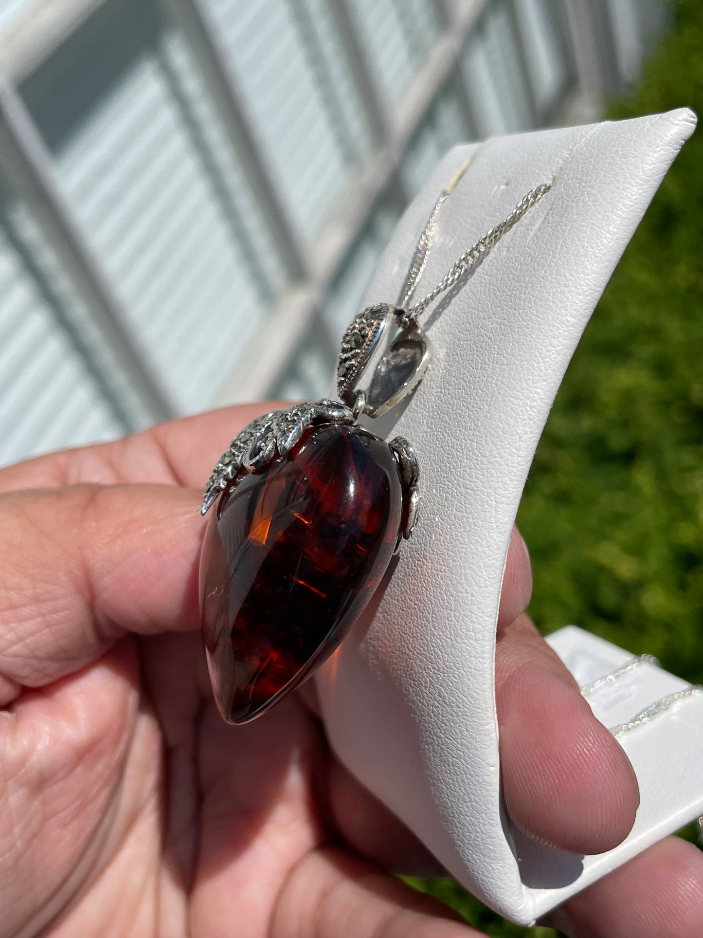 925 Sterling Silver Large 3-D Synthetic Amber Heart & Marcasite Necklace