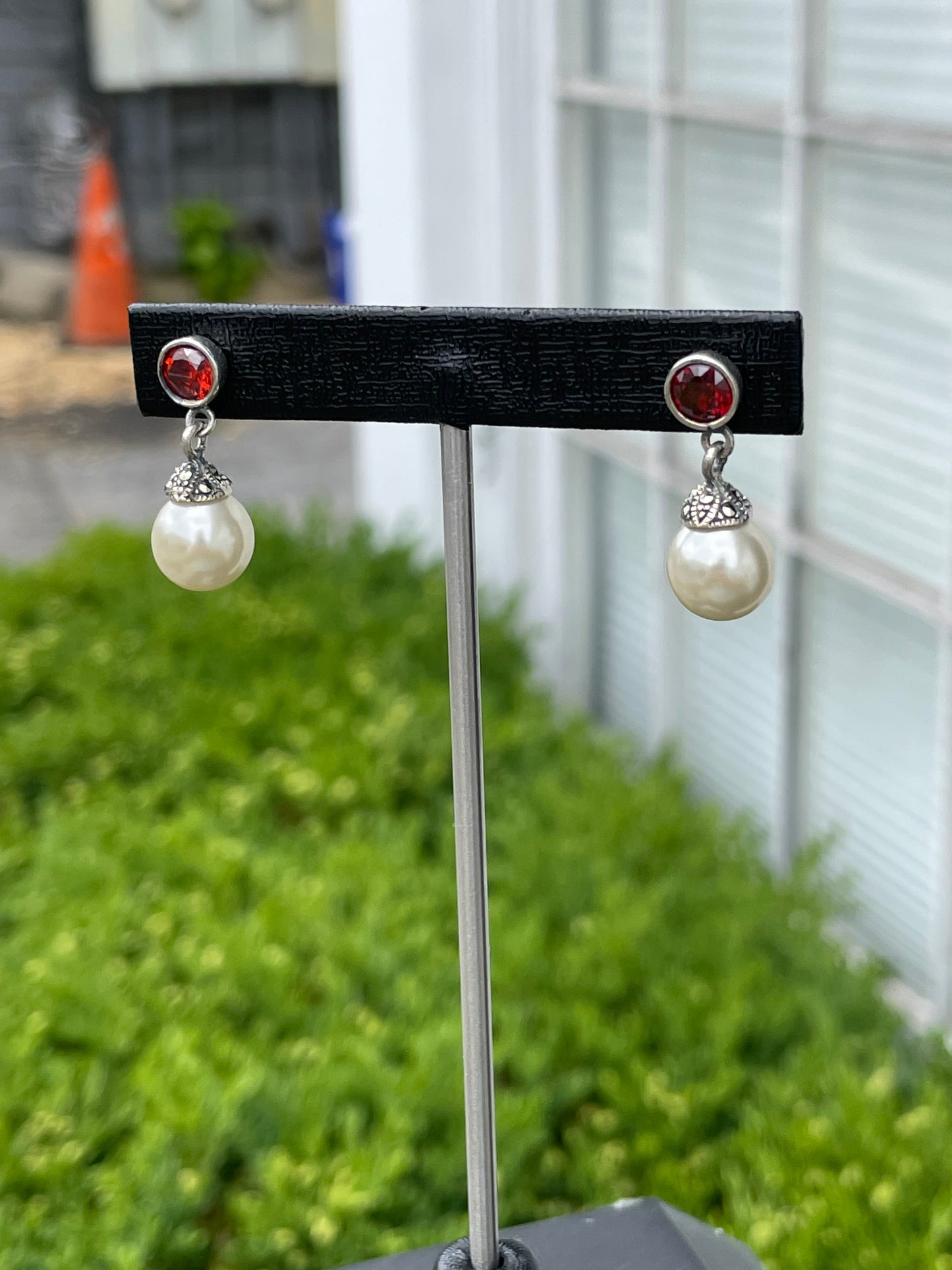 925 Sterling Silver Garnet & Pearl Drop Earrings