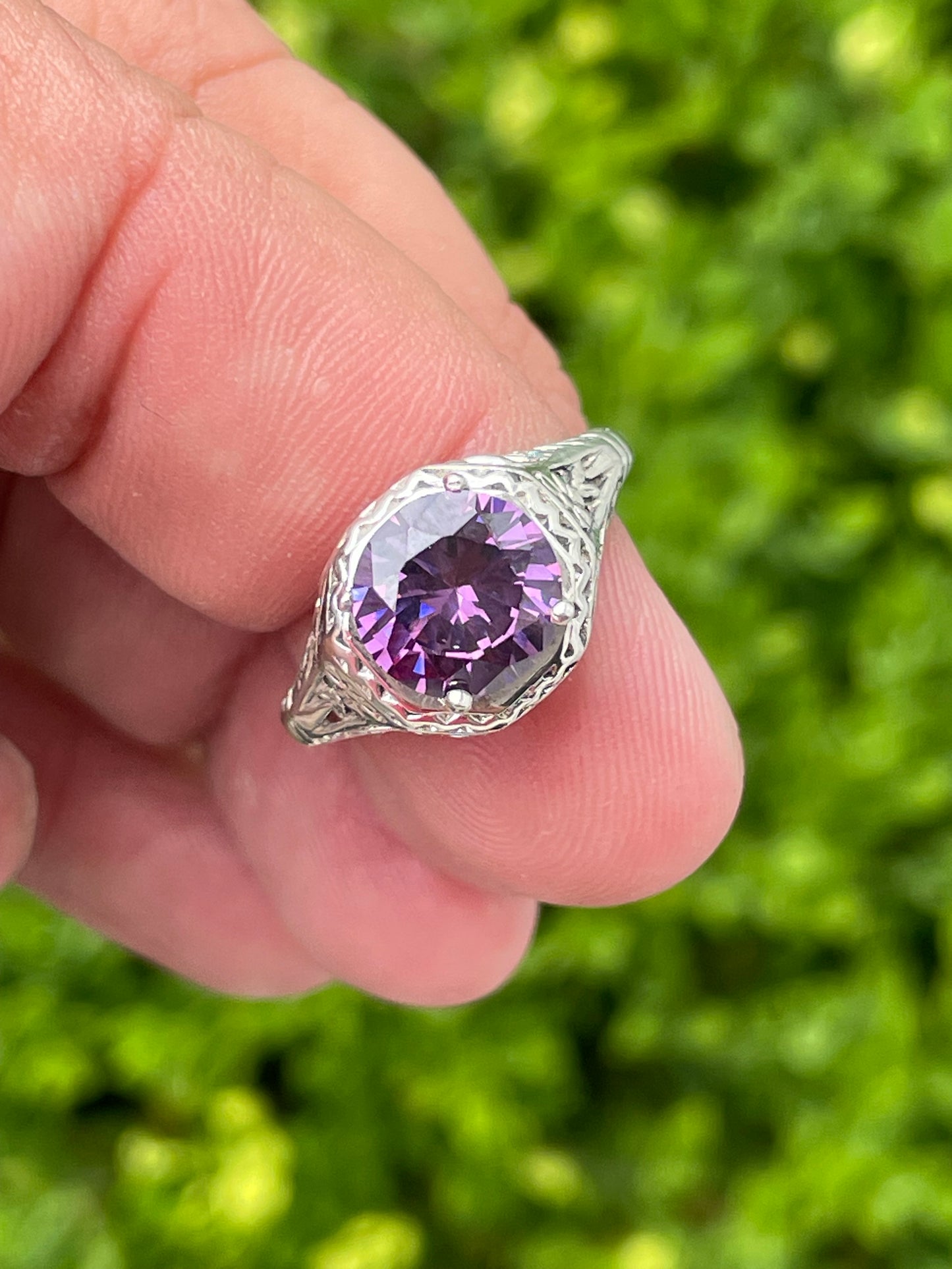 Vintage 925 Sterling Silver Lab Amethyst Solitaire Ring Sz 7.5