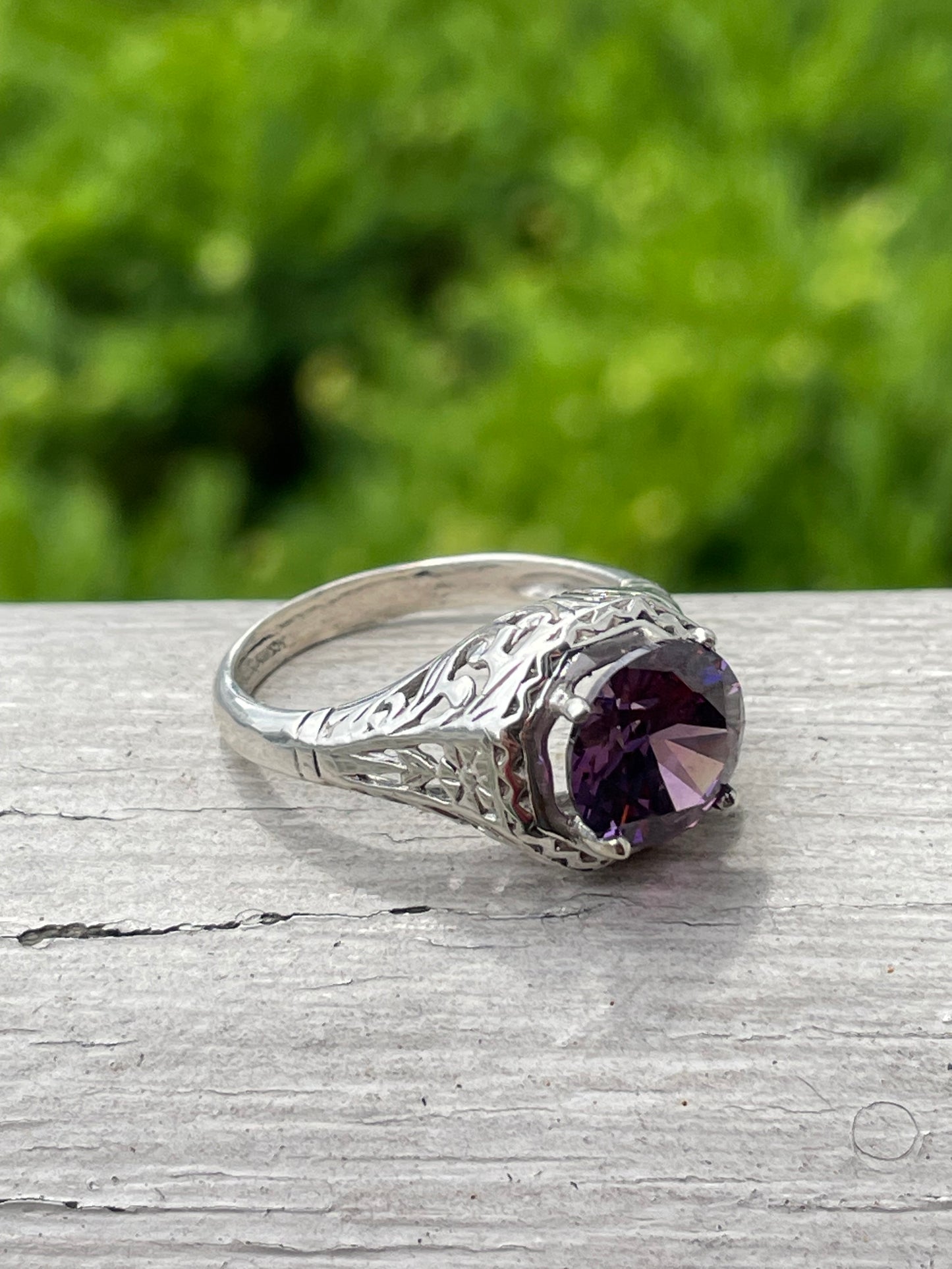 Vintage 925 Sterling Silver Lab Amethyst Solitaire Ring Sz 7.5