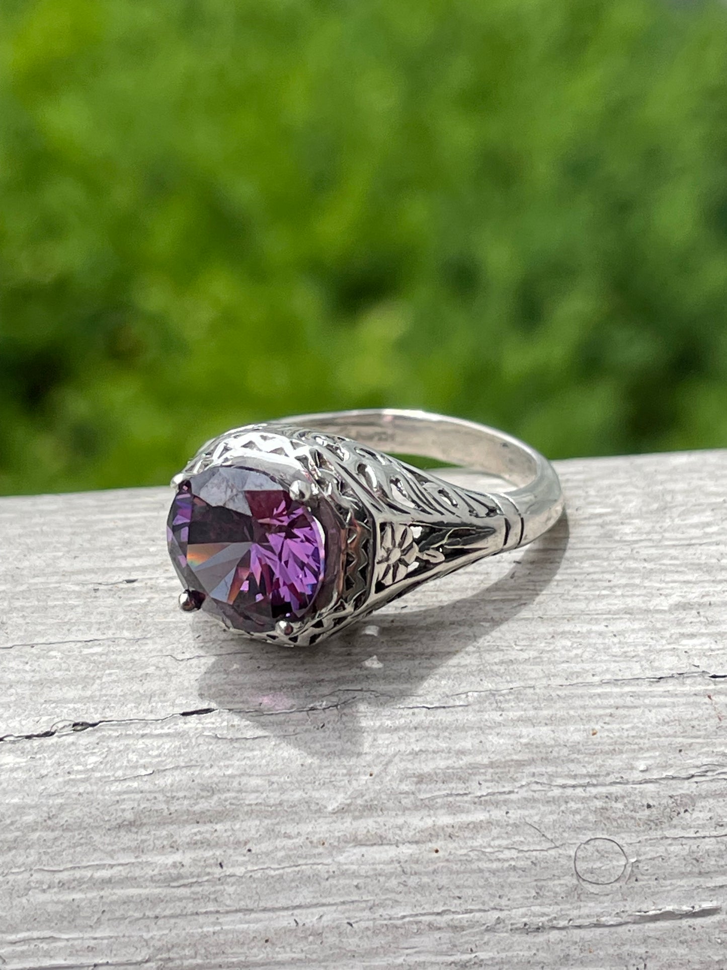 Vintage 925 Sterling Silver Lab Amethyst Solitaire Ring Sz 7.5