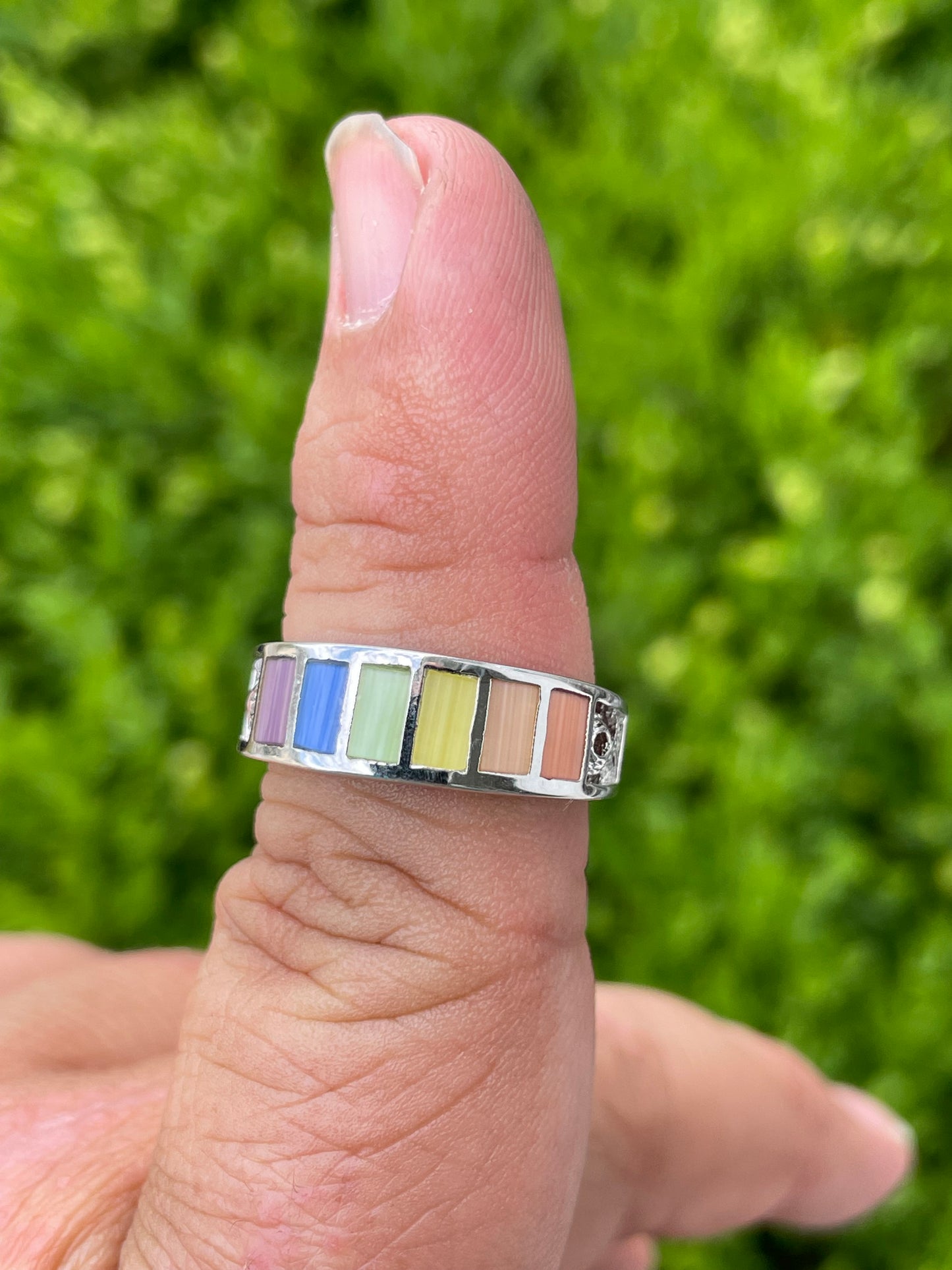 925 Sterling Silver "Gay Pride" Mother of Pearl Band Ring