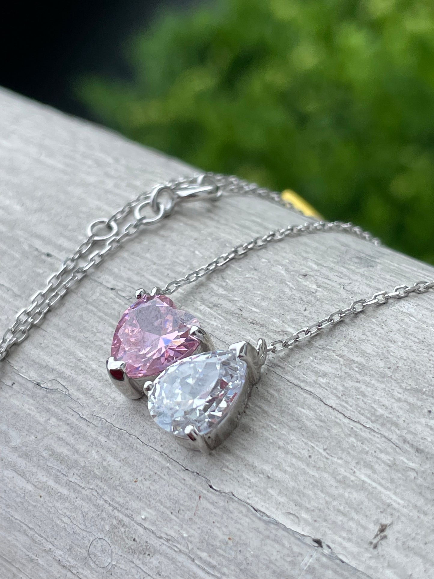 925 Sterling Silver "Two of a Kind" Pink & Clear Zirconia Necklace