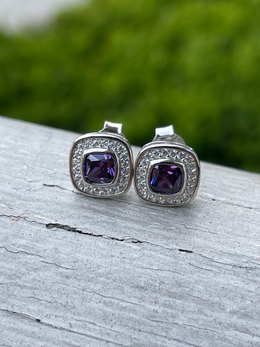 925 Sterling Silver Petite Amethyst & Cz Earrings