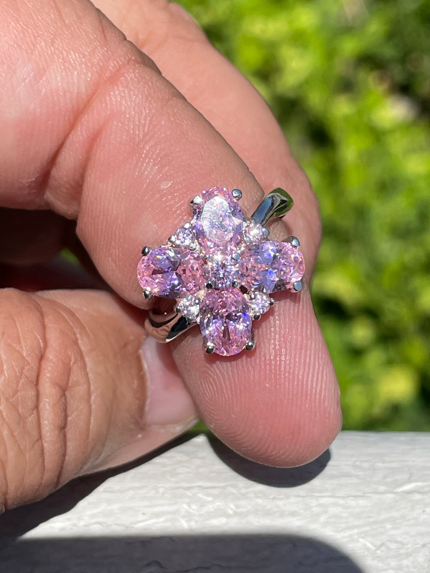 925 Sterling Silver Amour Sucre' Pink Zirconia Flower Ring