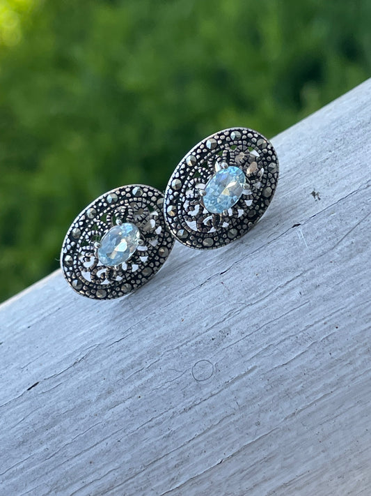 925 Sterling Silver Aquamarine & Marcasite Stud Earrings