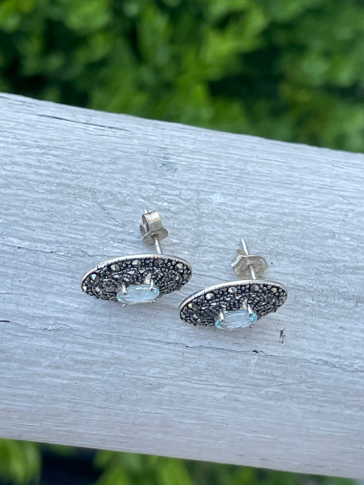 925 Sterling Silver Aquamarine & Marcasite Stud Earrings