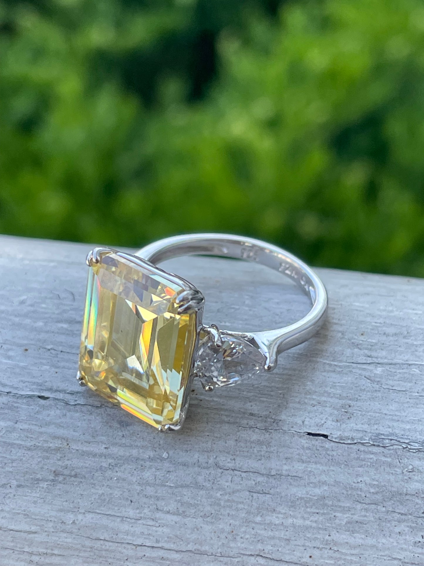 925 Sterling Silver Canary Yellow & Clear Zirconia Ring