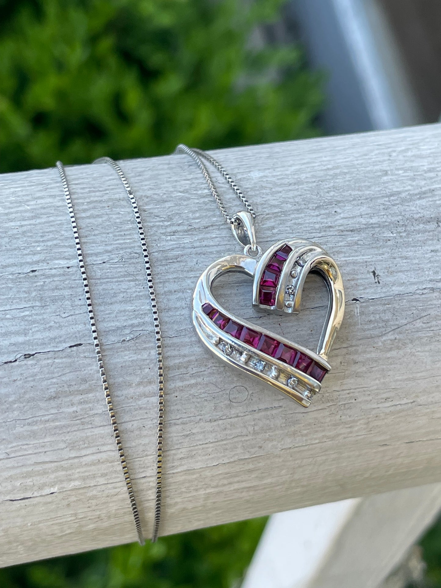 14K Gold & 925 Sterling Silver Ruby & Diamond Heart Necklace