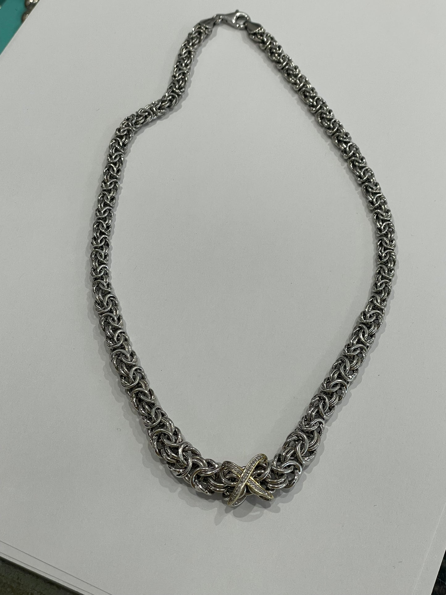 925 Sterling Silver Graduated Byzantine with Diamond X center Necklace