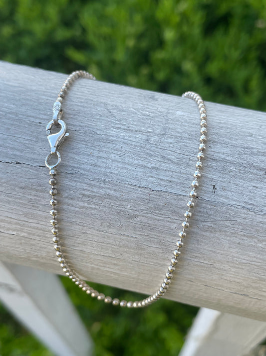 925 Sterling Silver thin beaded anklet 10"