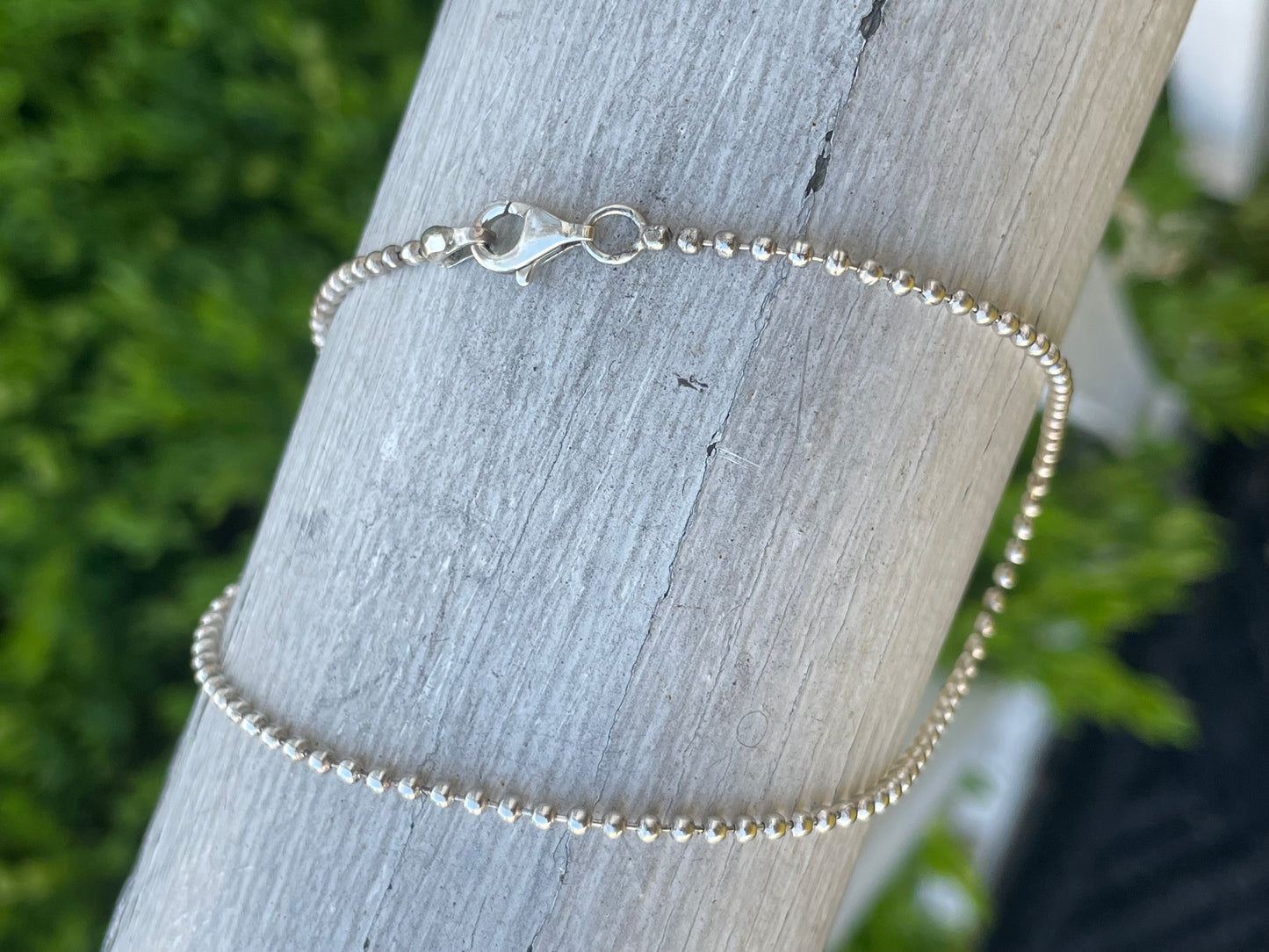 925 Sterling Silver thin beaded anklet 10"