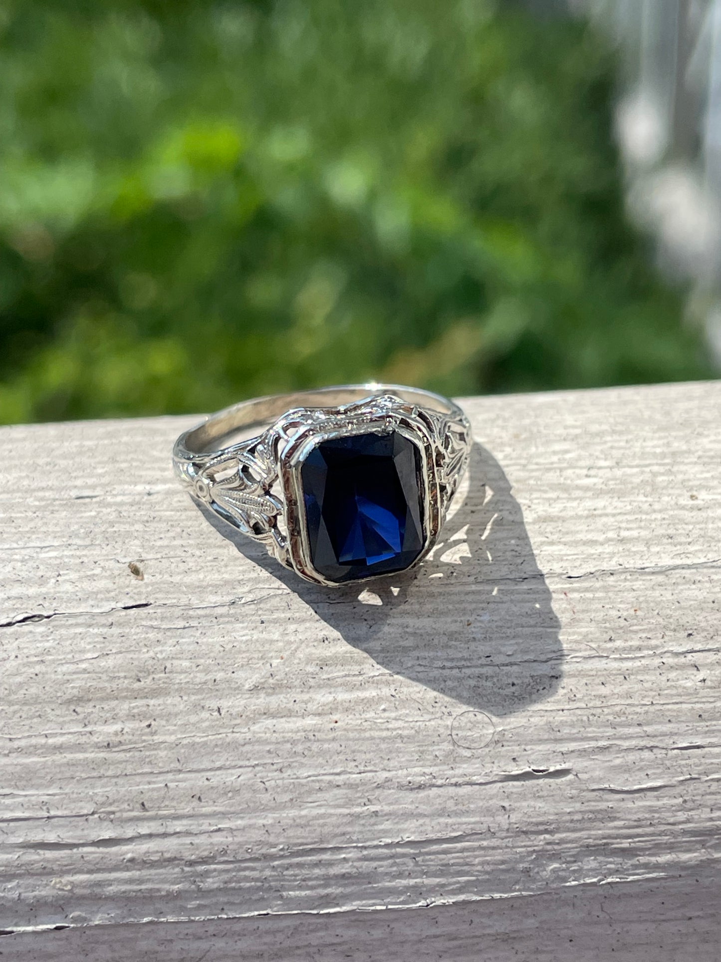 Antique 14k White Gold Lab Created Sapphire Statement Ring