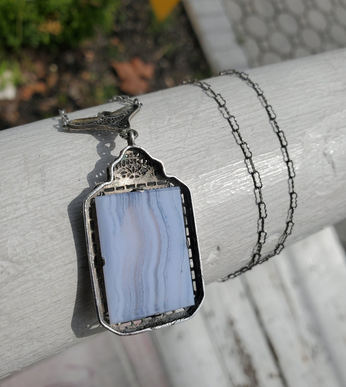 925 Sterling Silver Antique Ladies Blue Lace Agate Art Deco Filagre Necklace