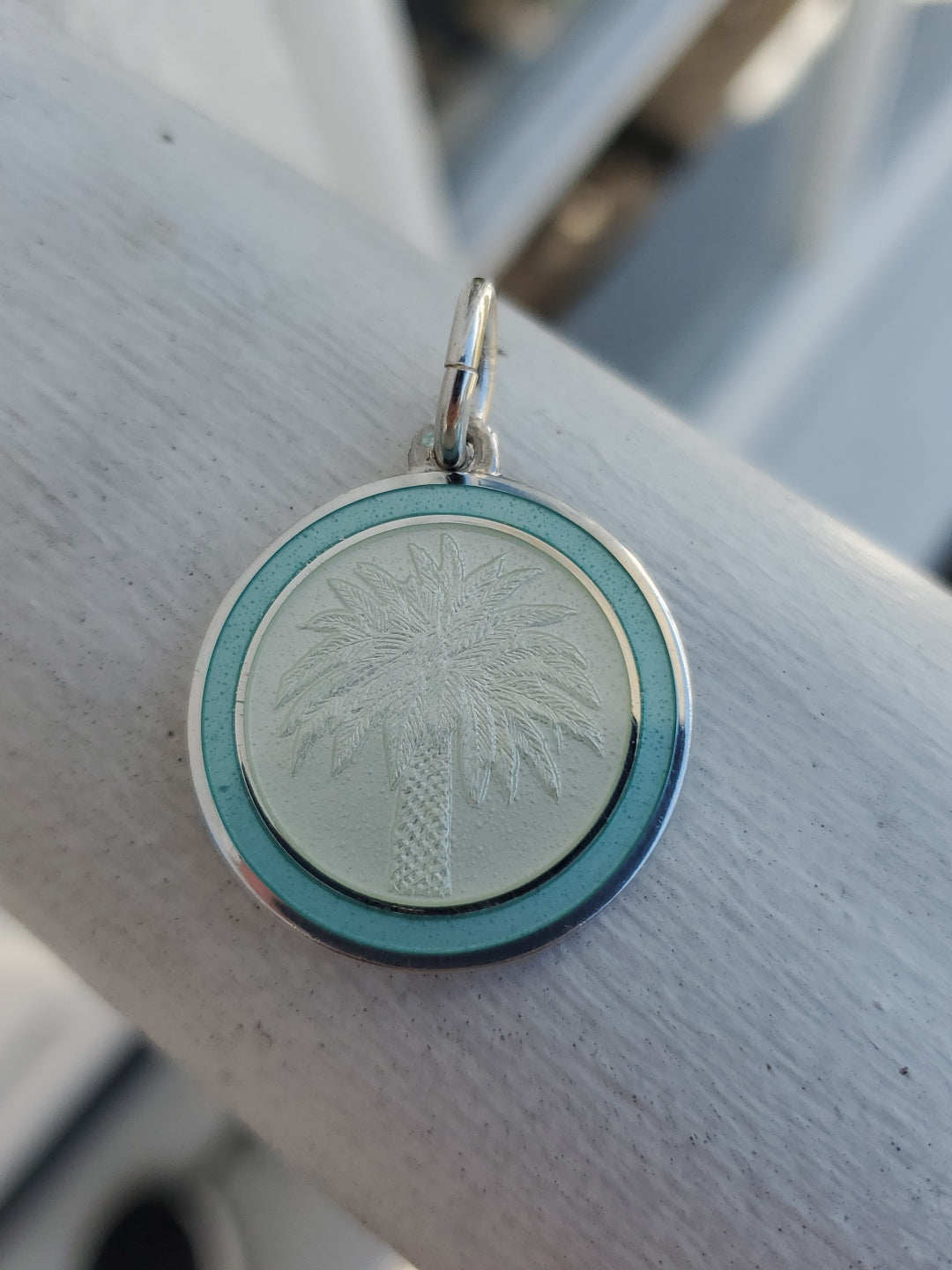 COLBY DAVIS Palm Tree Sterling Silver Enamel Pendant Light Blue 925 No Shoes Req
