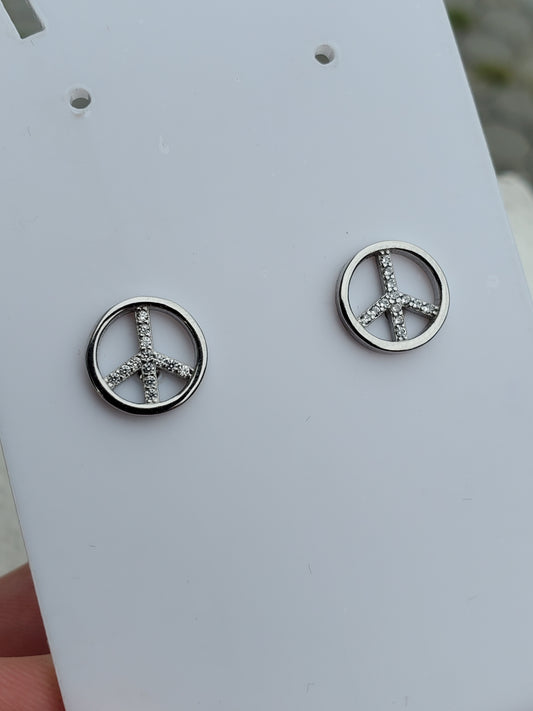925 Sterling Silver Sparkling Peace Sign Stud Earrings