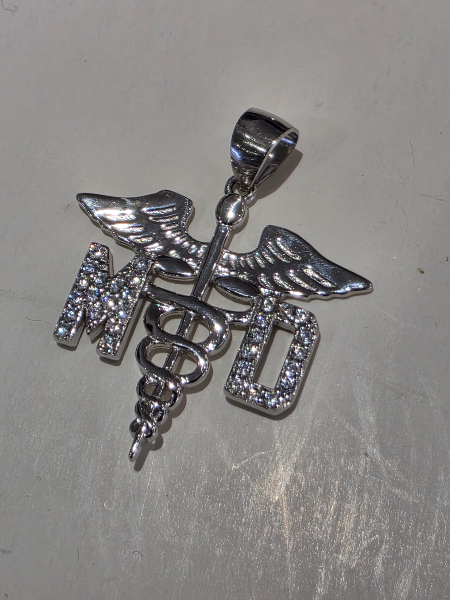 925 Sterling Silver & MD Medical Doctor Sign Staff Pendant Charm