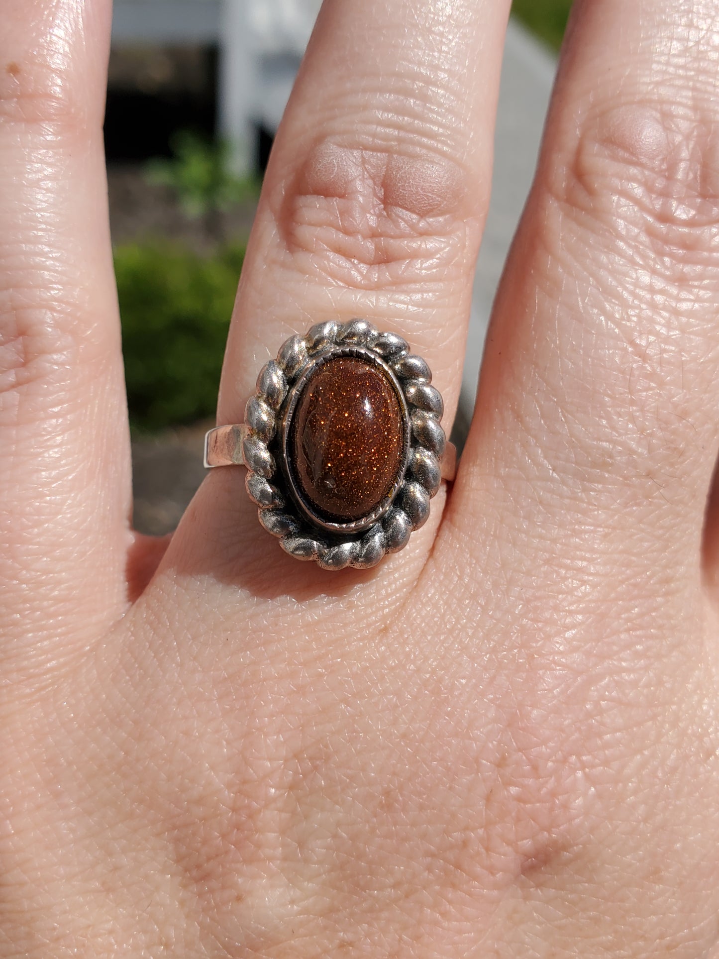 925 Sterling Silver Sparkling Brown Oval Sandstone Ring