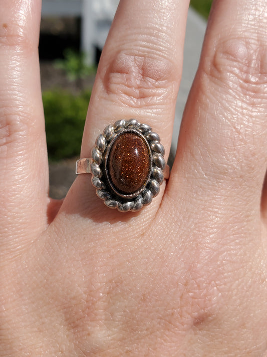 925 Sterling Silver Sparkling Brown Oval Sandstone Ring