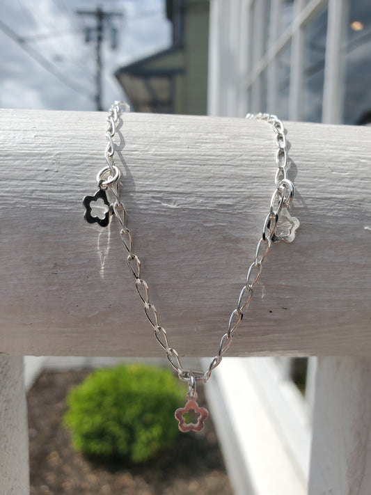925 Sterling Silver Flower Charm Dangle Anklet / Ankle Bracelet 10”