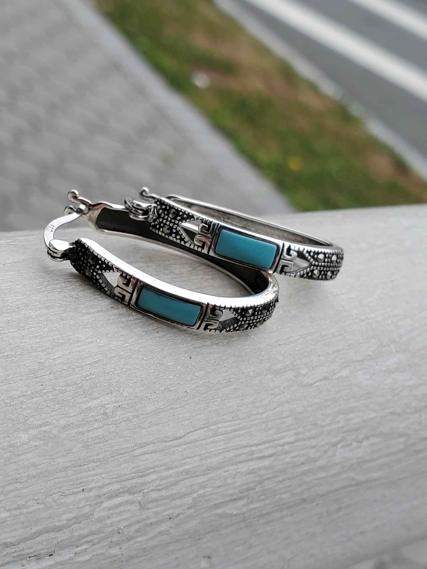 925 Sterling Silver Designer SLC Turquoise & Marcasite Oval Oblong Hoop Earrings