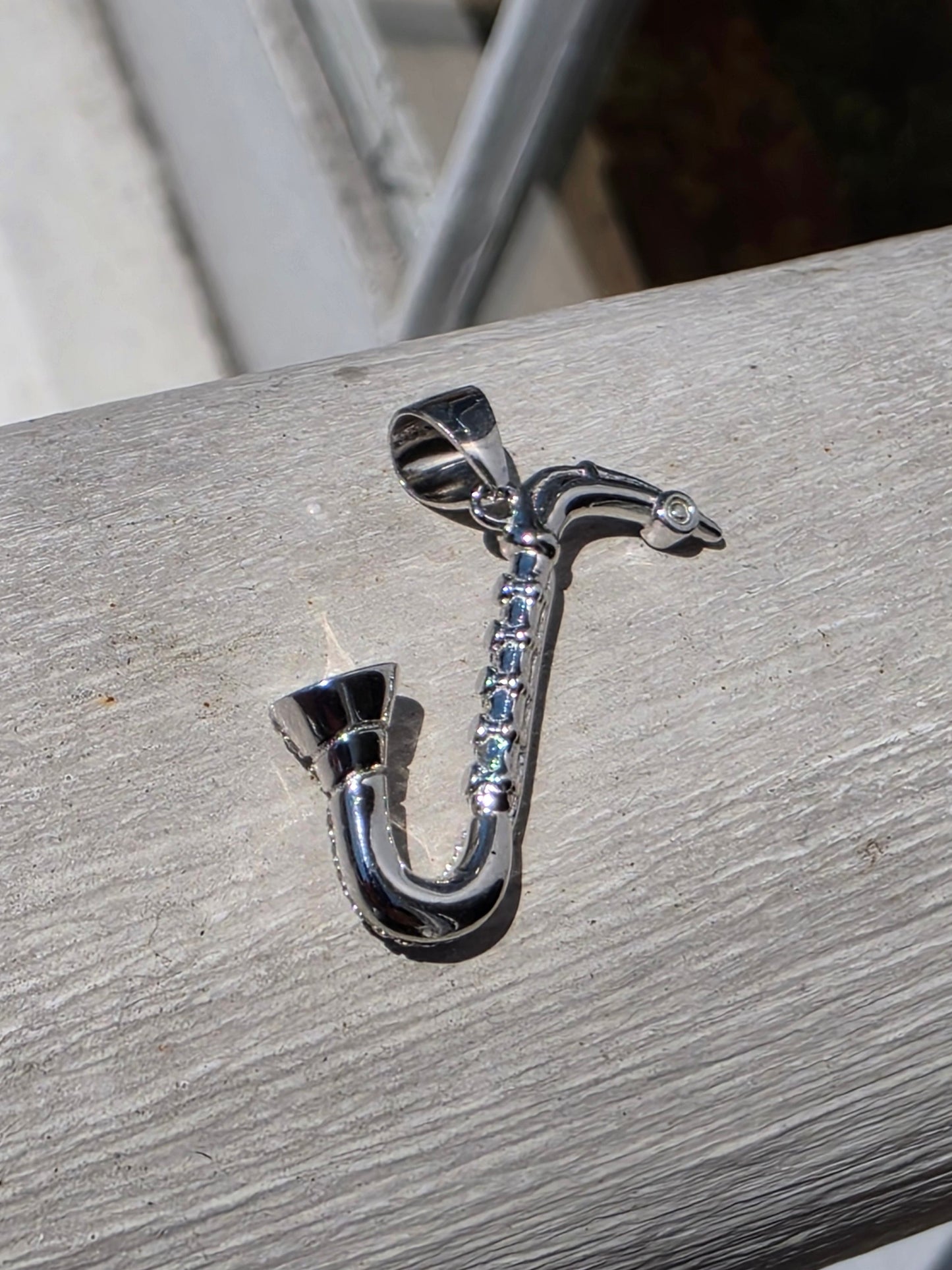 925 Sterling Silver White Spinel Saxophone 3D Pendant Charm