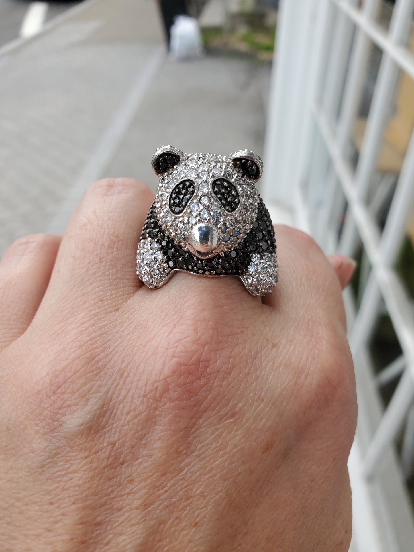 925 Sterling Silver Large Panda Black & Clear CZ Zirconia Cocktail Ring