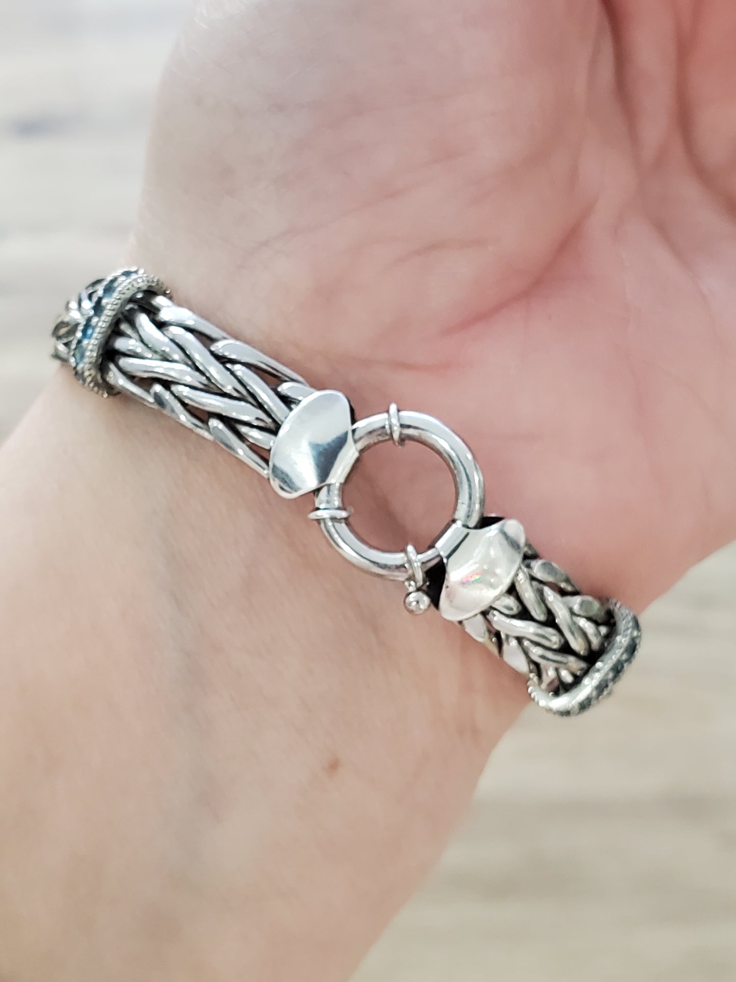 925 Silver Blue Topaz Station Woven Braided Bracelet 7”