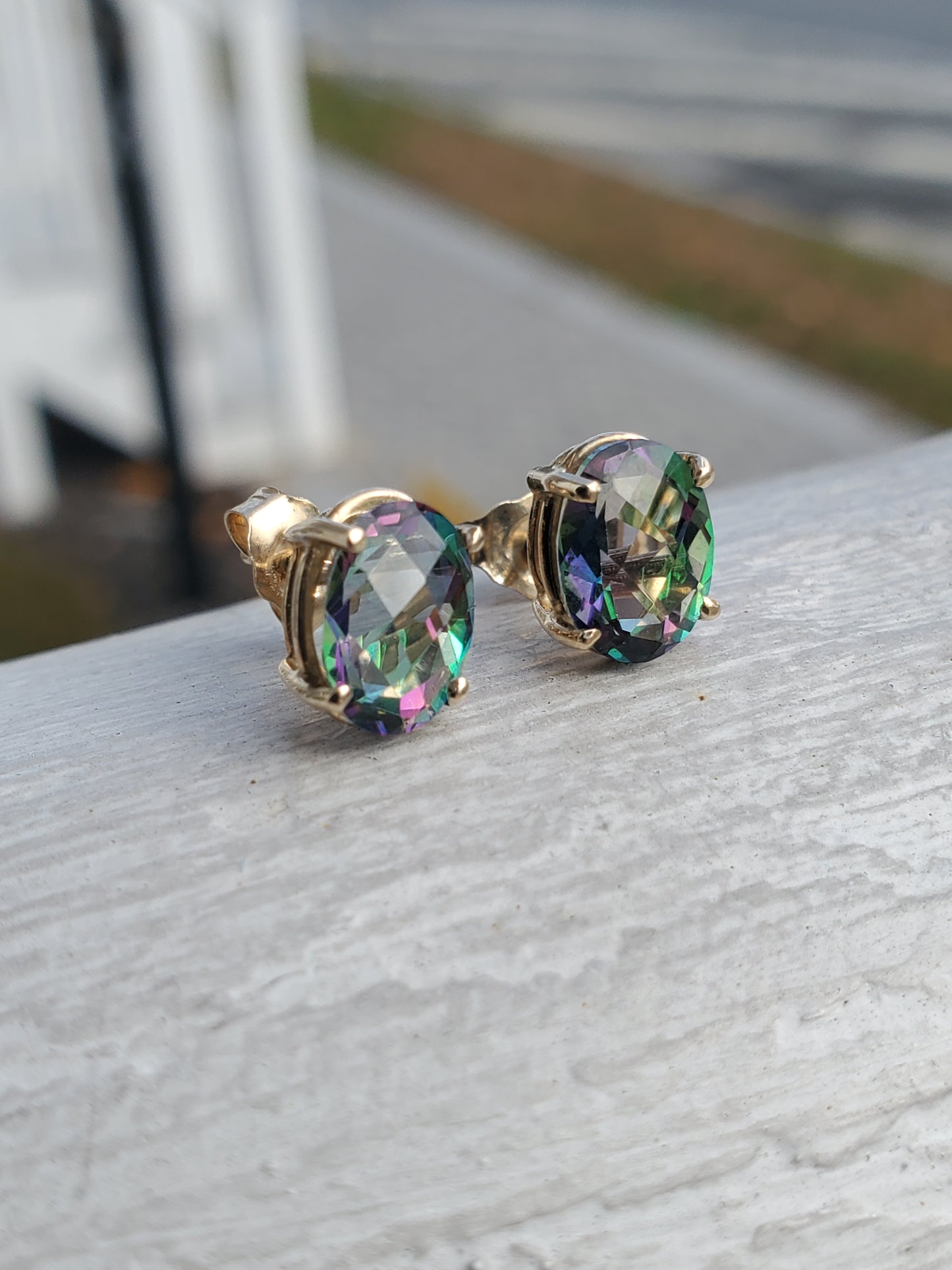 14k Solid Gold 2 tcw Oval Mystic Topaz 4-Prong Stud Post Earrings