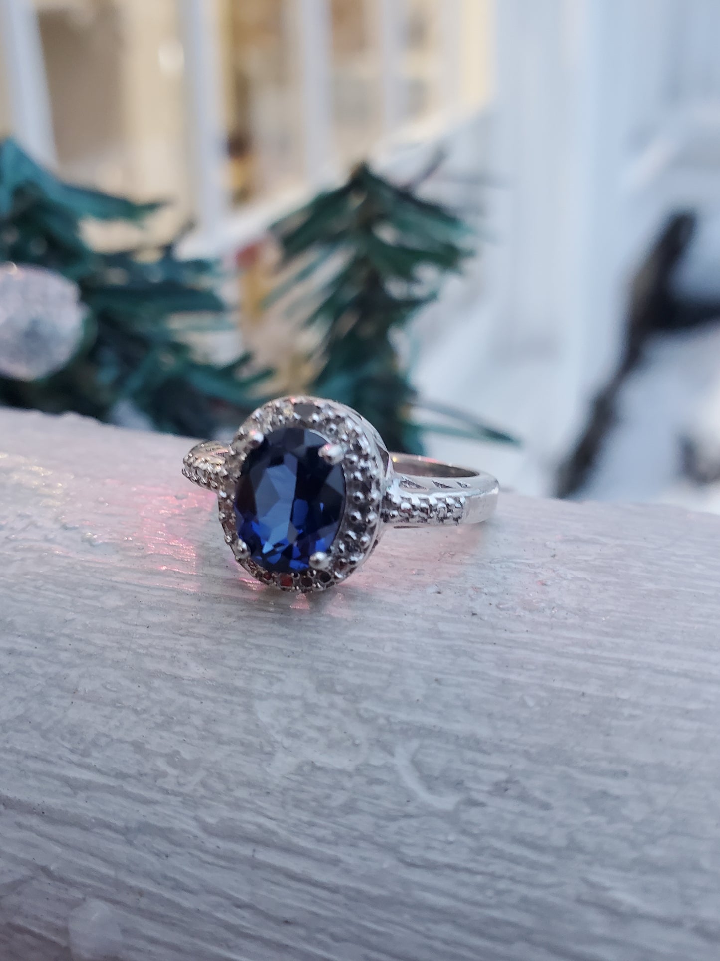 925 Sterling Silver Simulated 1ct Oval Sapphire & Diamond Halo Ring