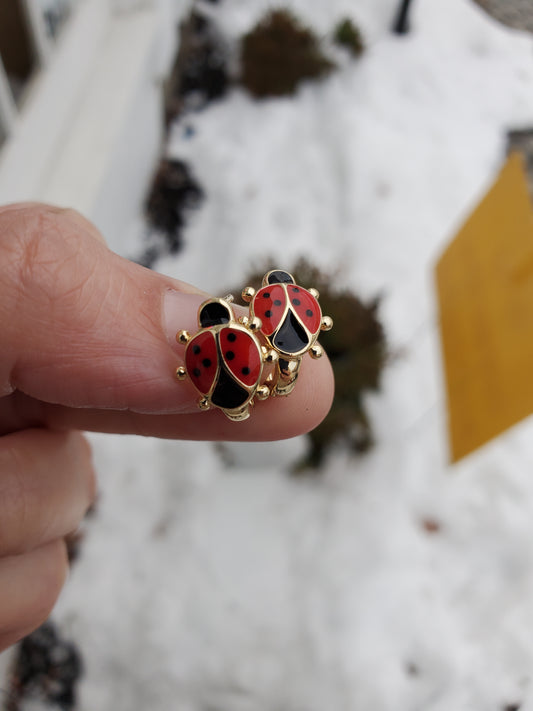 Stainless Steel Gold Plated Red Enamel Lucky Ladybug Earrings