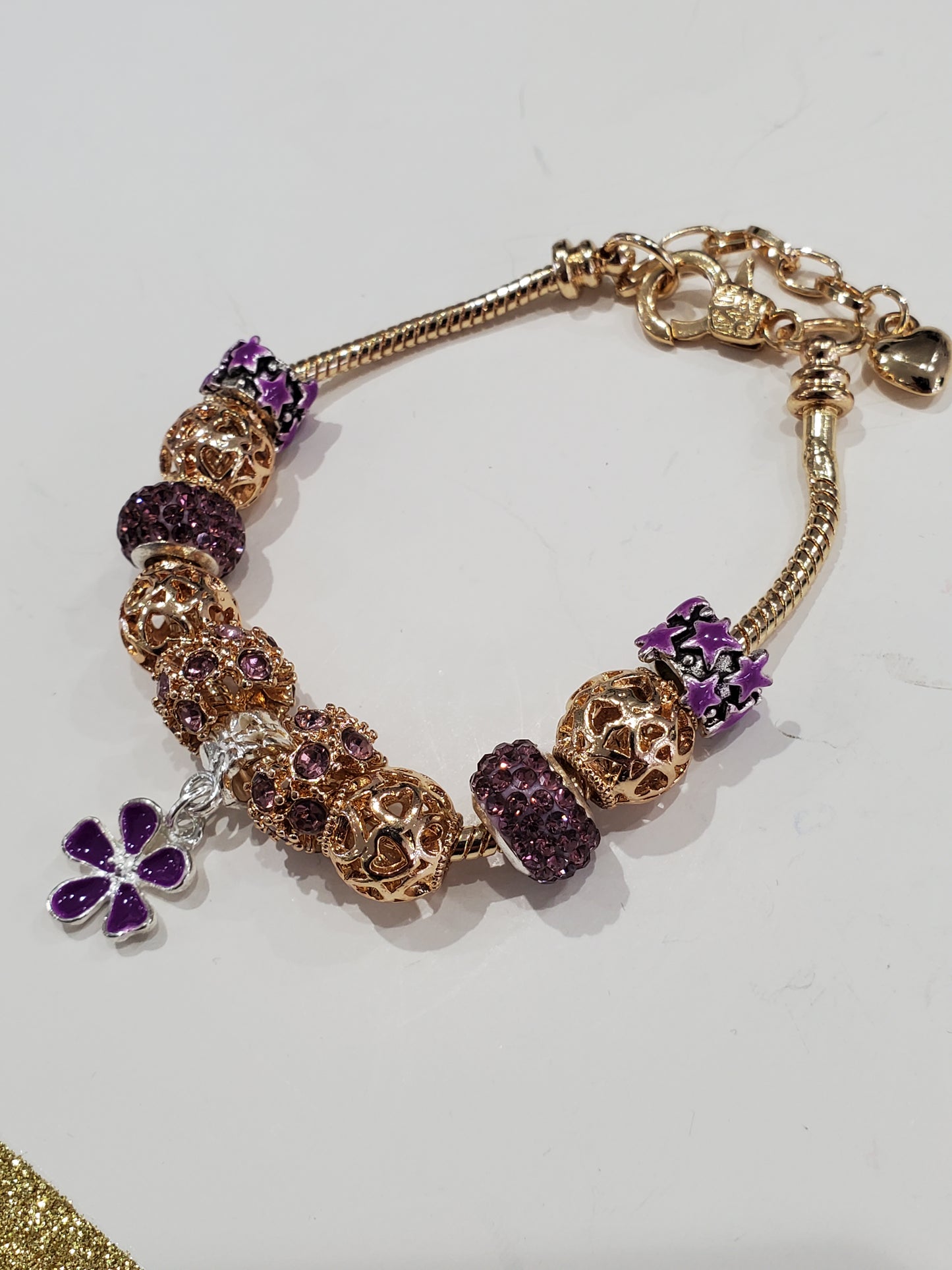 Gold Plated Purple Enamel European Beaded Charm Bracelet