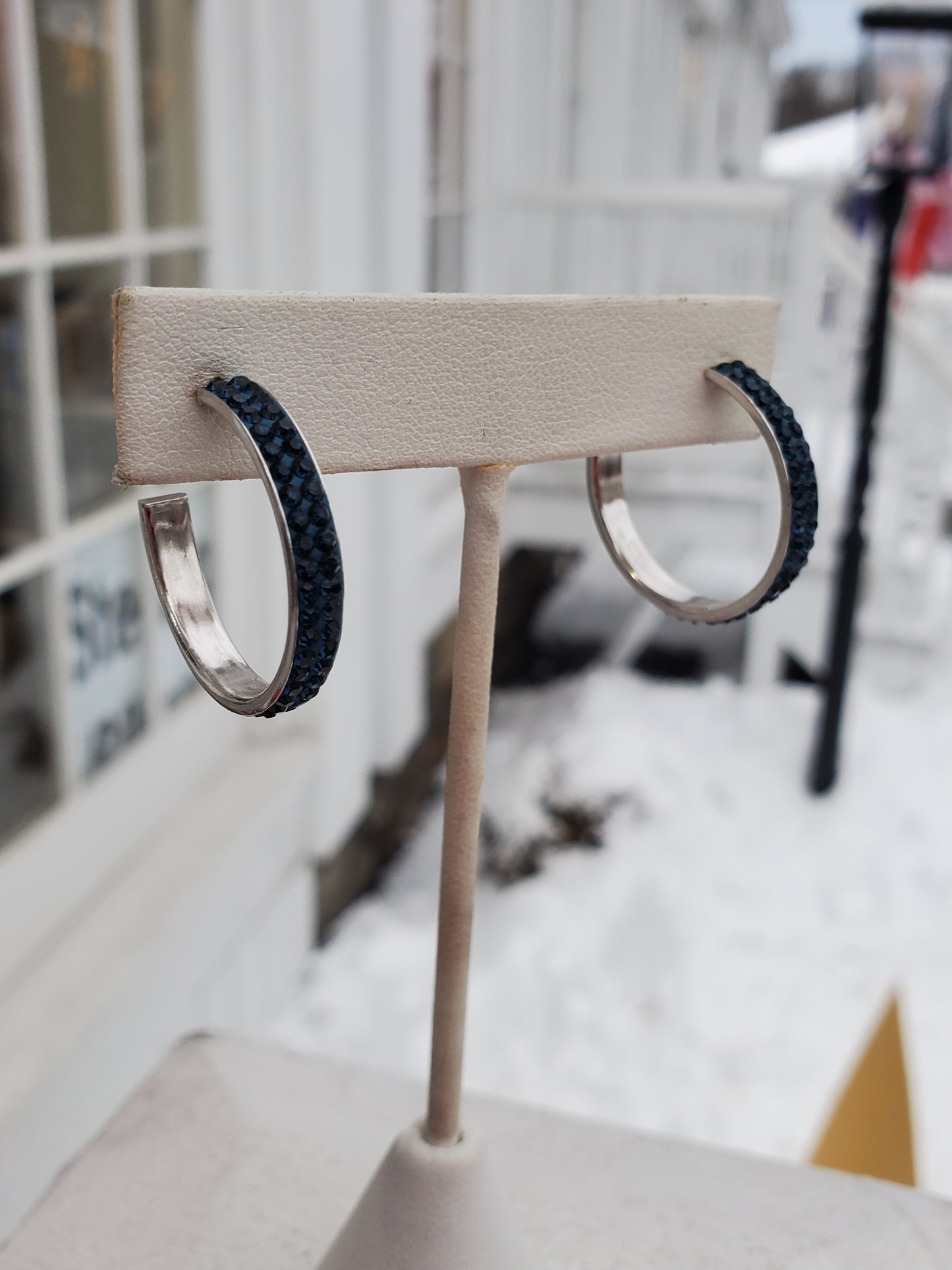 925 Sterling Silver 3/4 Round Blue Crystal Hoop Earrings