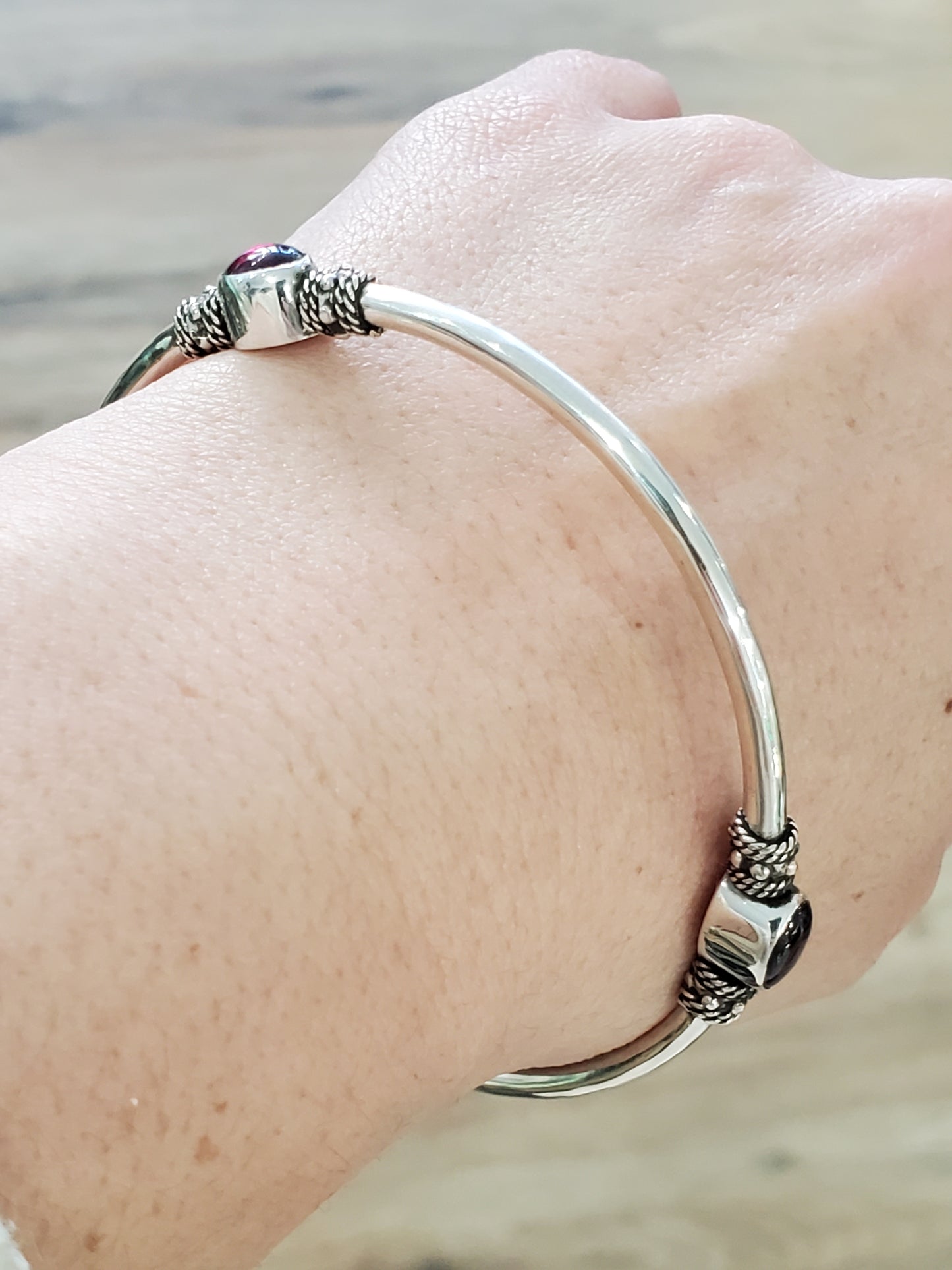 925 Sterling Silver Natural Rhodolite Garnet Cabochon Cut Stationed Bangle Bracelet