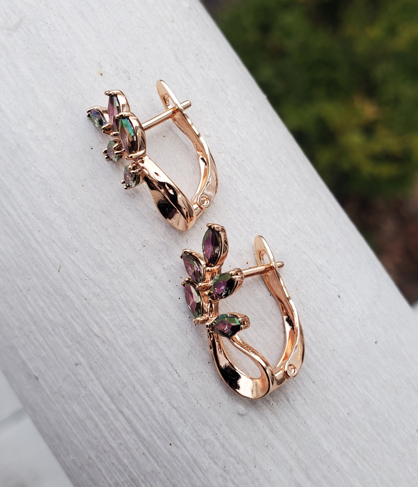 Stainless Steel Gold Plated Simulated Mystic Topaz Leaves Huggie Hoop Earrings