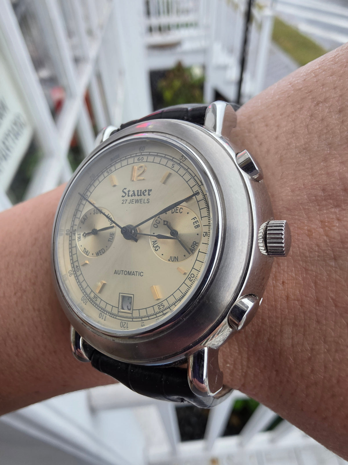 Mens Stauer 1944 Ritorno 27 Jewels Automatic Movement w/Black Leather Adjustable Band Watch